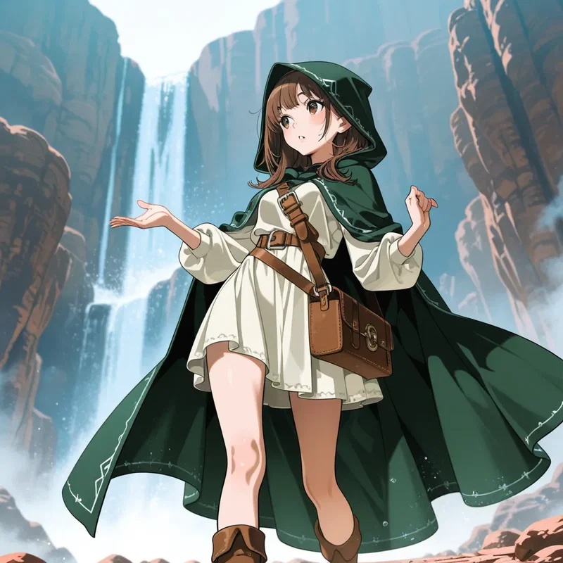 滝の水しぶきが霧状になって降りかかっている旅人の女の子