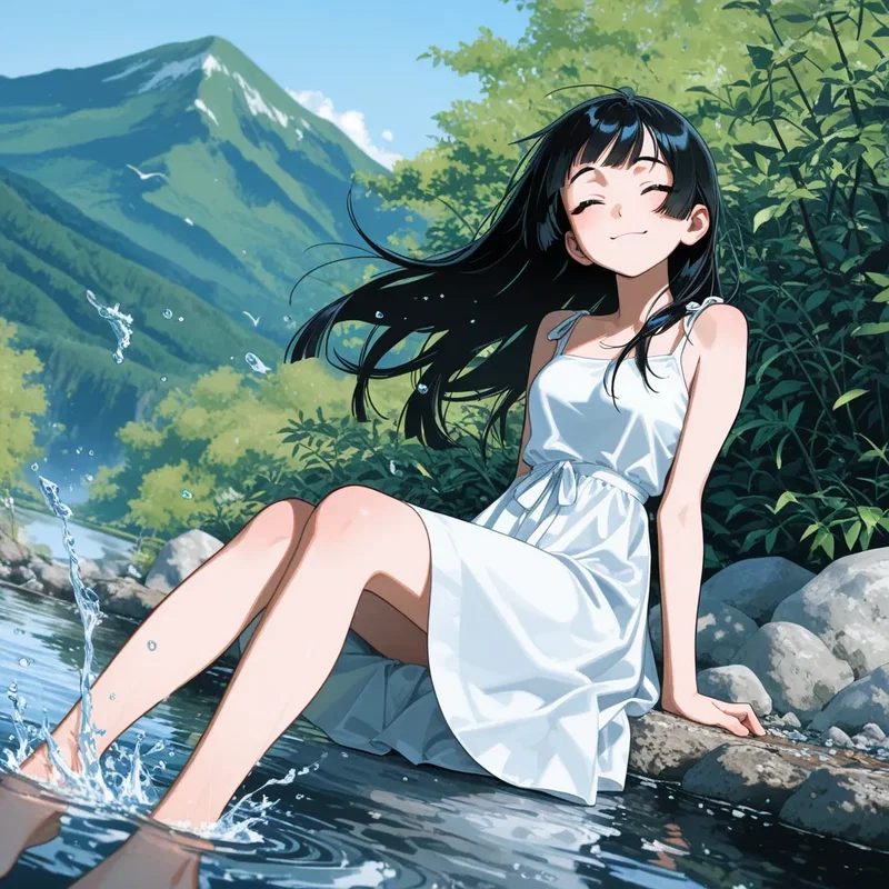 新緑の美しい渓流に足を浸して気持ちよさそうな女の子