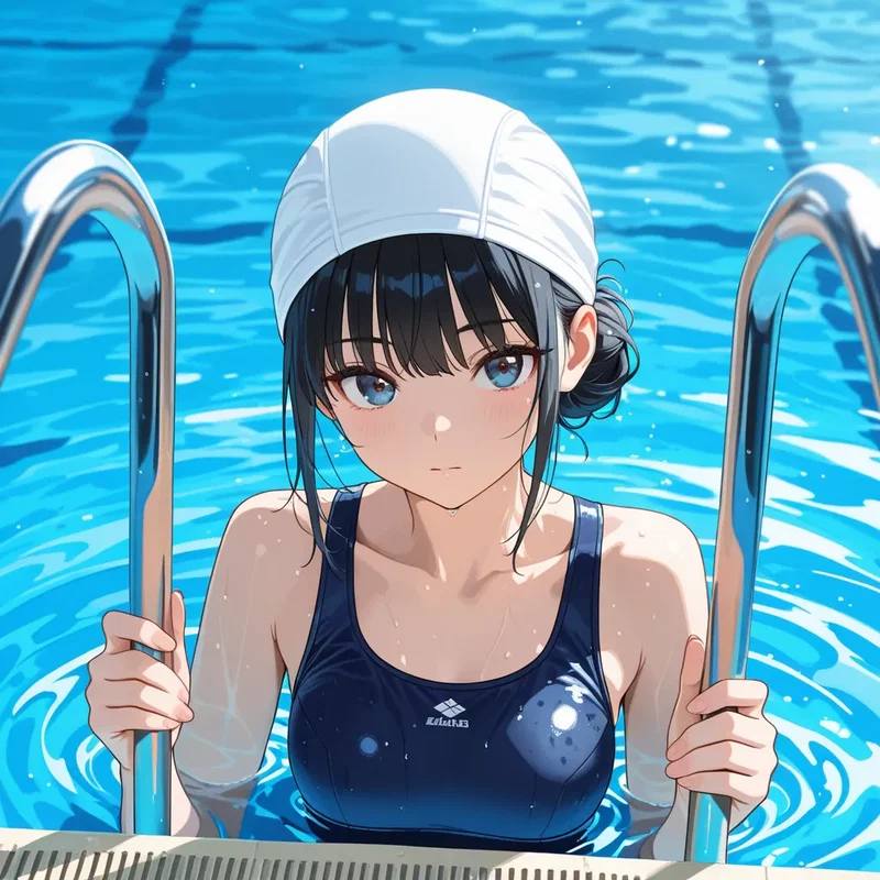 プールから上がろうとする水泳部の女の子