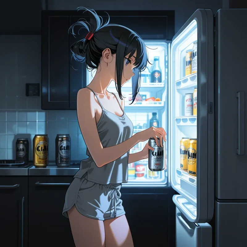 夜中に冷蔵庫から缶ビールを取り出す女の子