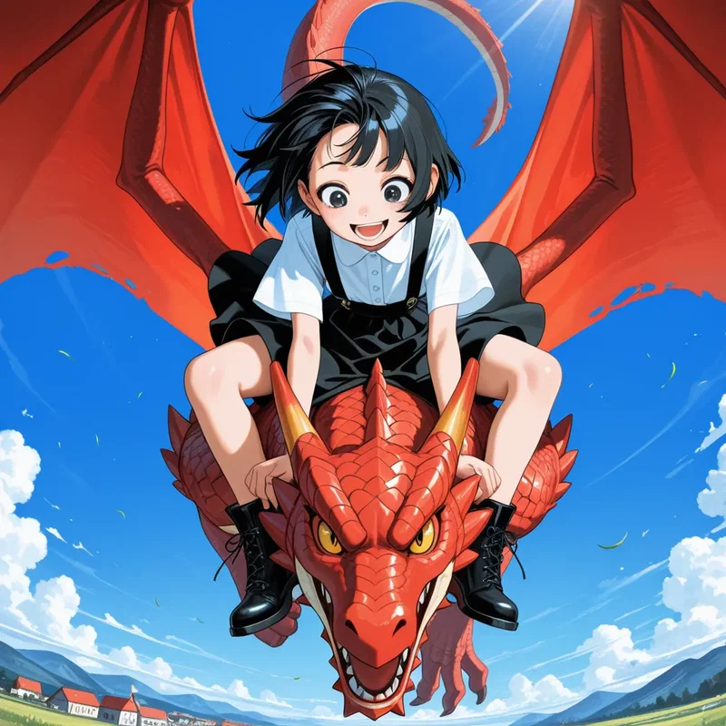 【竜と少女・第五章】竜の背中に乗って空を飛んでいる少女(C)