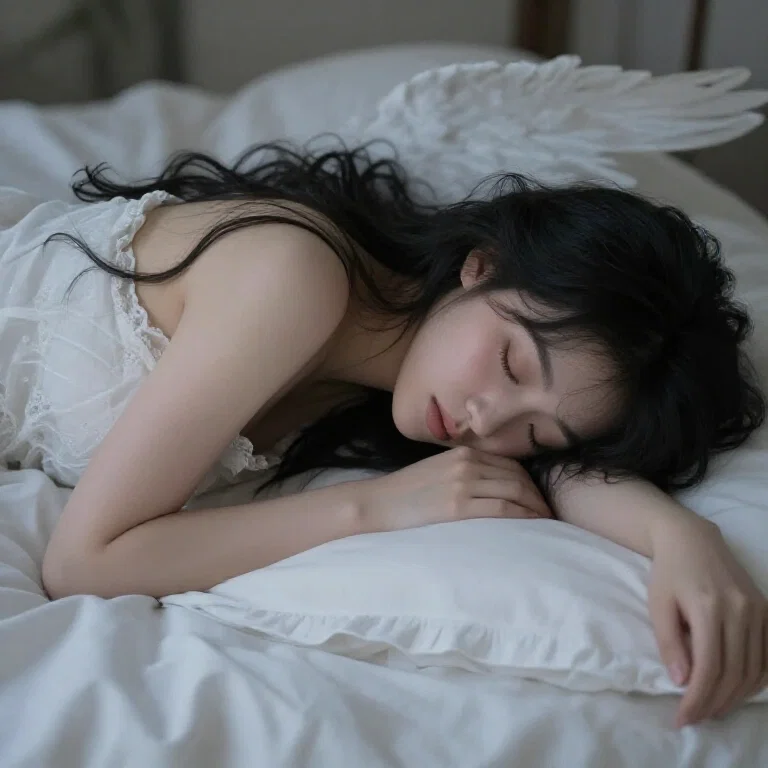 angel goddess black hair sleeping face