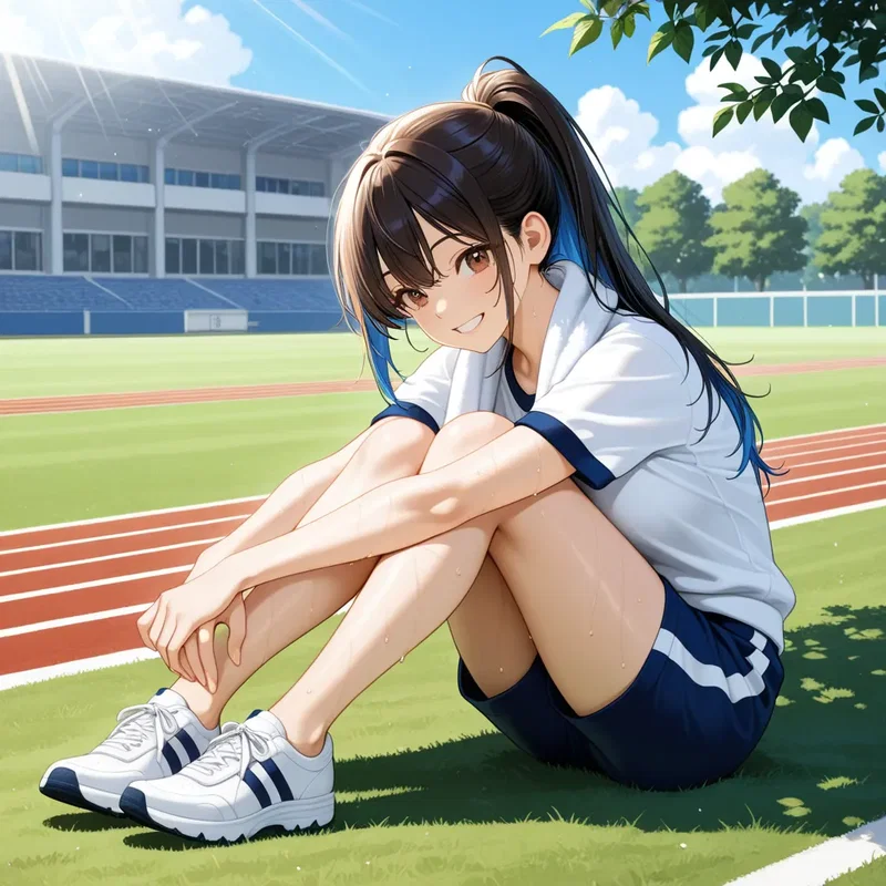 運動後の体育座りの女の子