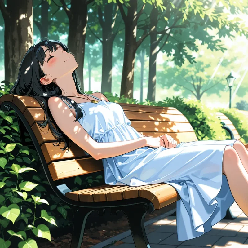 公園のベンチで木漏れ日を浴びて気持ちよさそうな女の子２