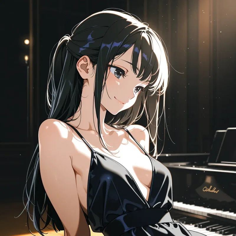 ピアノをうまく弾き終えて満足気な表情のピアニストのお姉さん