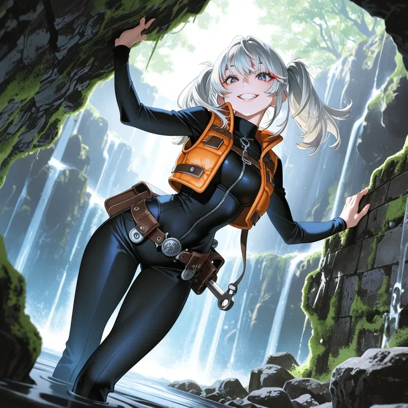 滝の中に隠された遺跡を発見し笑みを浮かべるトレジャーハンターの女の子