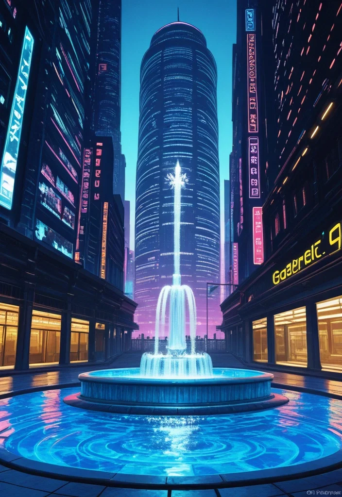 Gratte ciel et Fontaine Cyberpunk