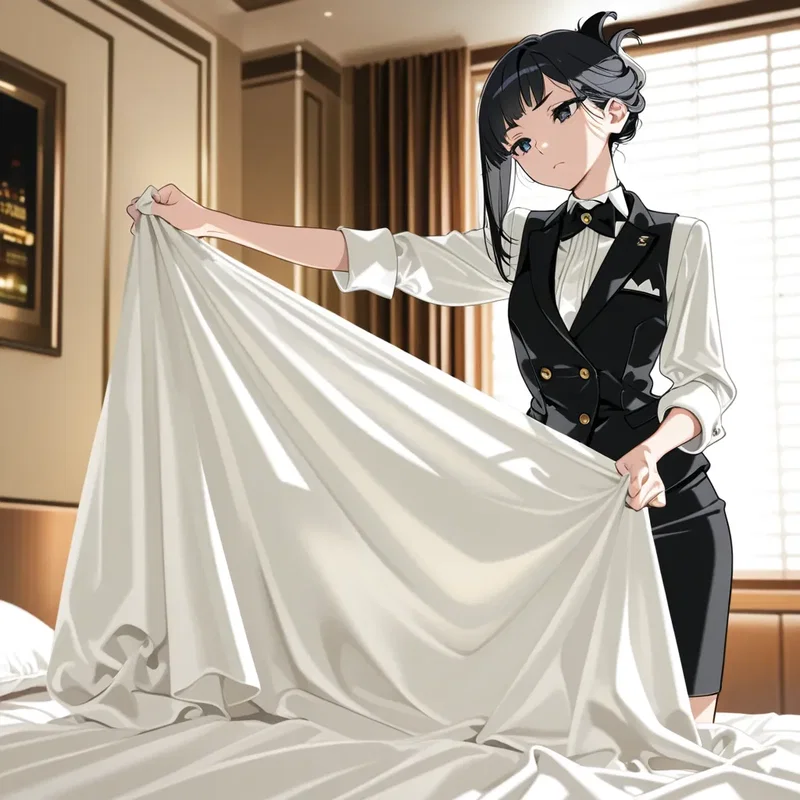 ベッドメイキングするホテルスタッフの女の子