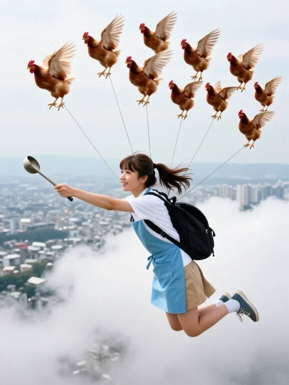 girl with chickens flying over tokyo