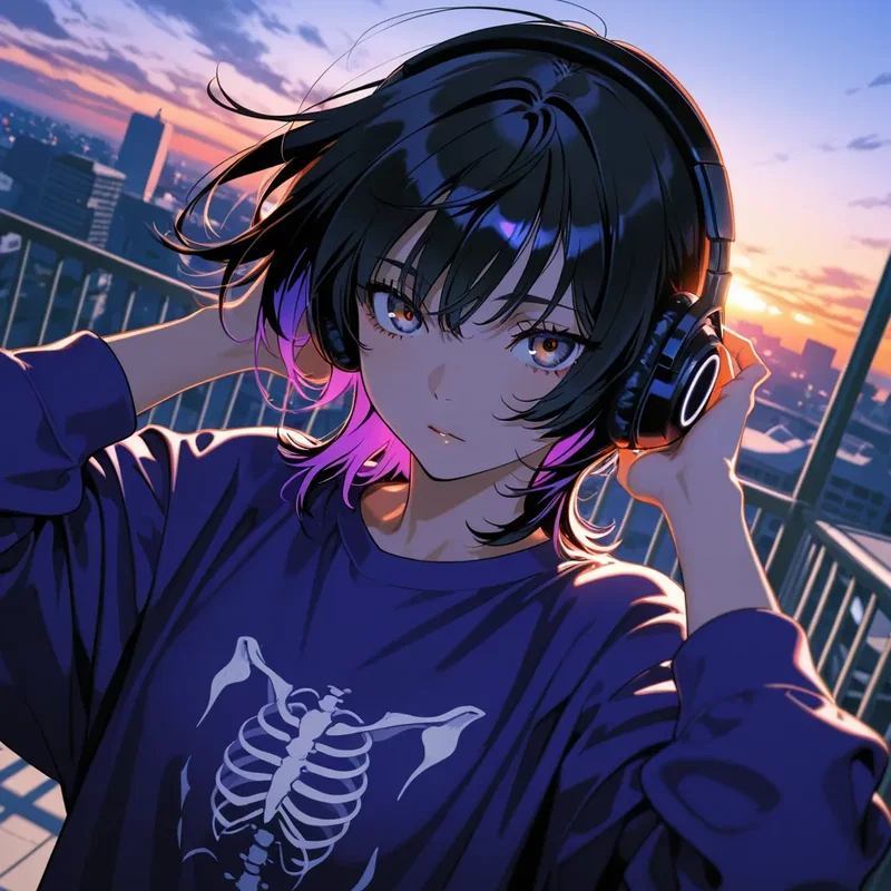 ビルの屋上、ヘッドホンで音楽を聴いている女の子
