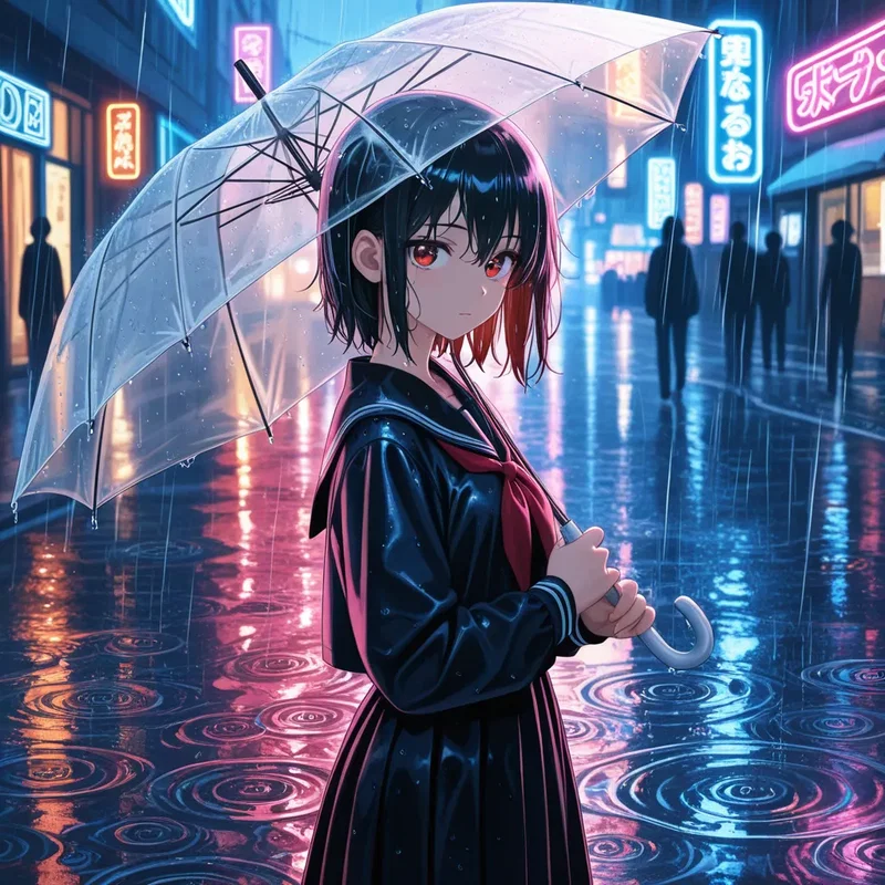雨のネオン街のセーラー服少女