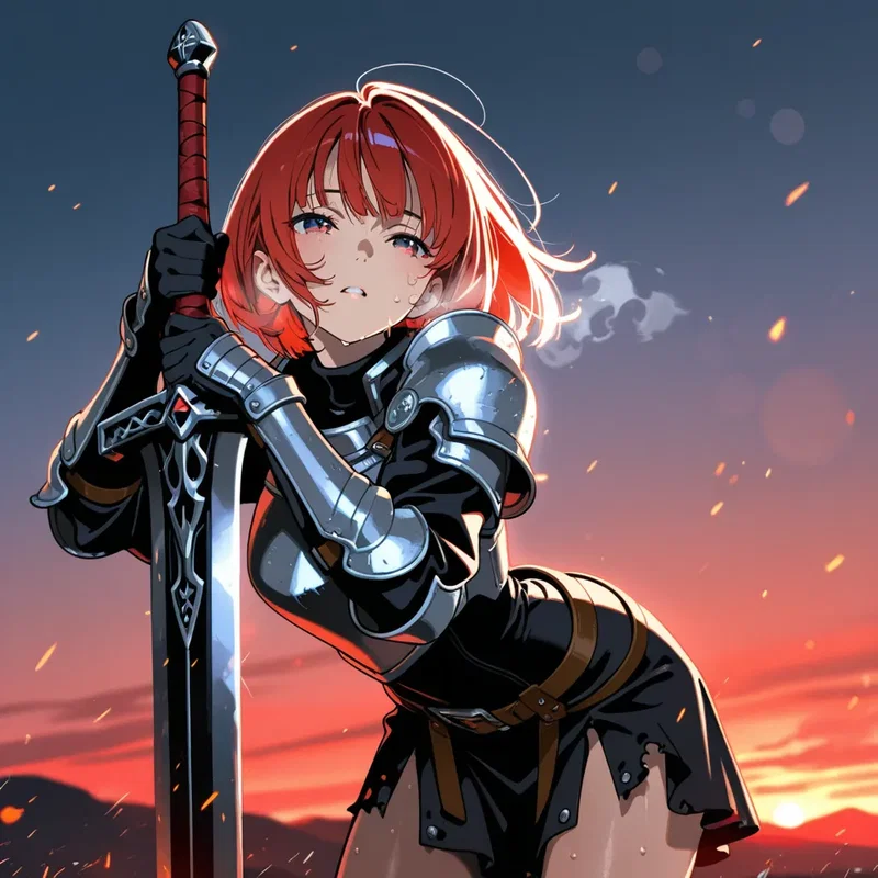 戦場で大剣を持ったまま疲弊している赤髪の女戦士