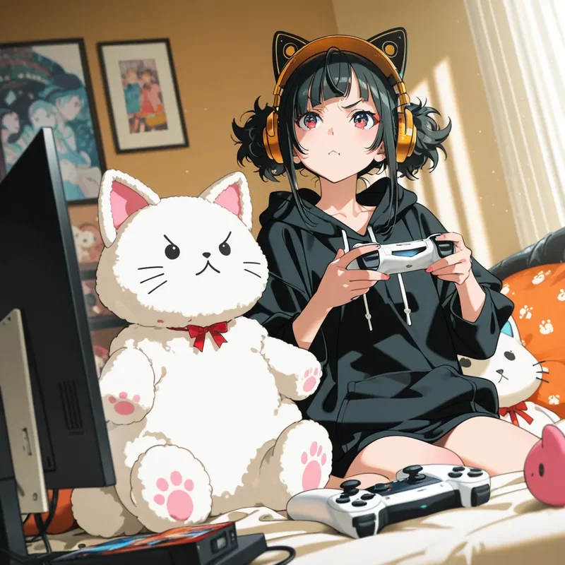 ゲームに熱中する猫好きの女の子
