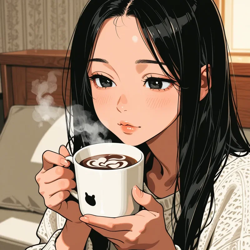 人気絵師のタグで作ったコーヒーを飲むお姉さん１