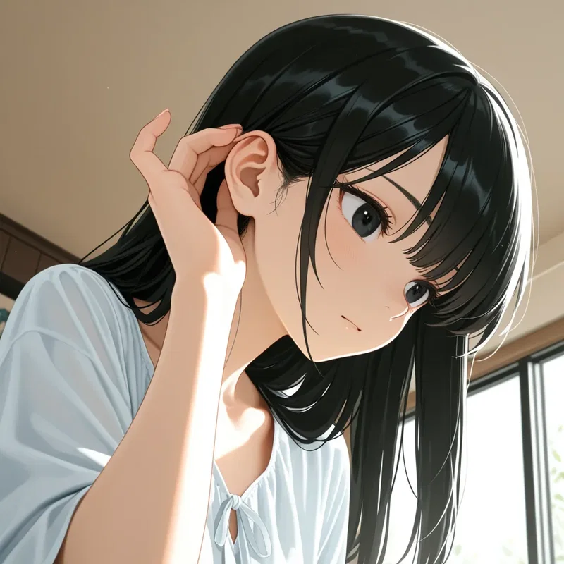耳の周りの髪の毛をかき上げる女の子