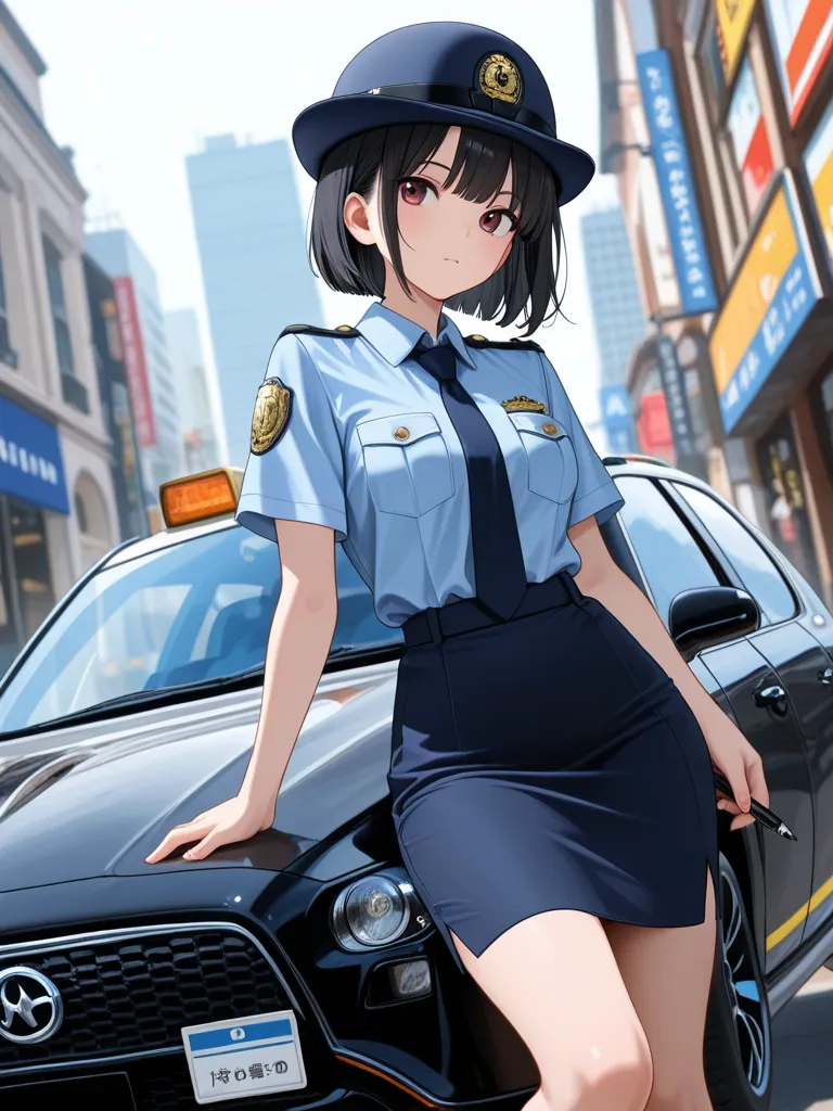 車の前でポーズを決める婦警さん