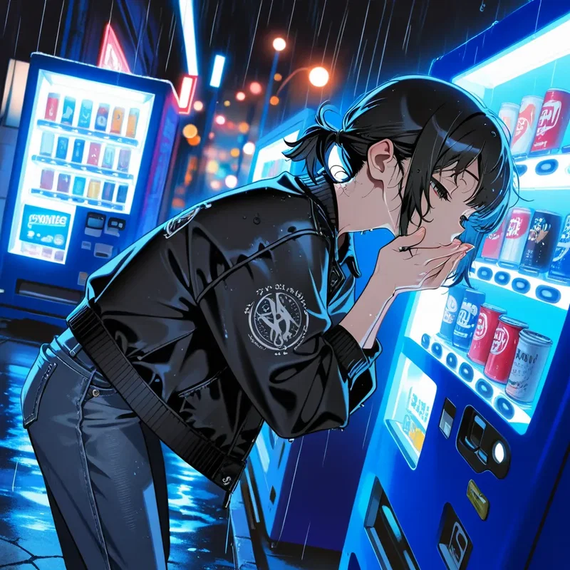 突然降り出してきた雨、体が冷えてきたので自販機で温かい飲み物を買おうとする女の子