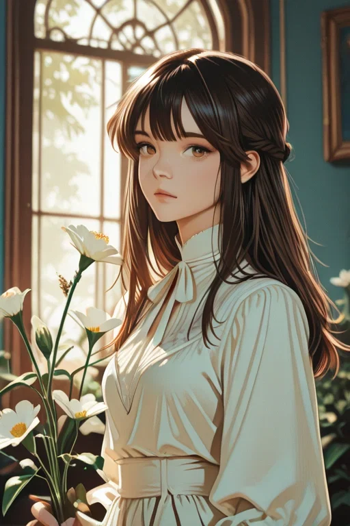 窓辺に立つ黒髪の少女