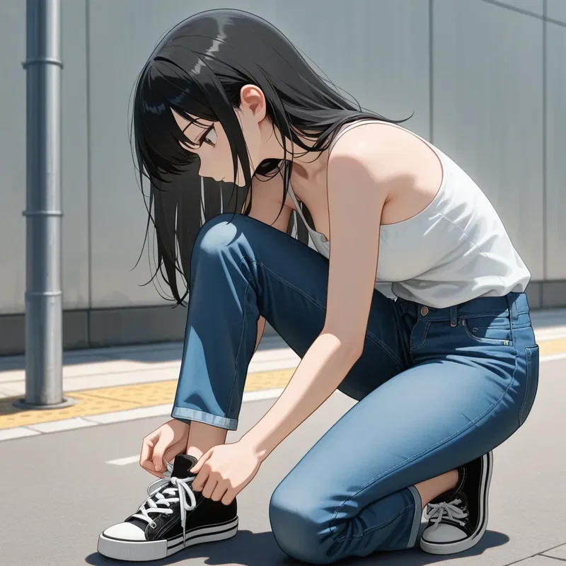 スニーカーの紐がほどけたので結び直している女の子