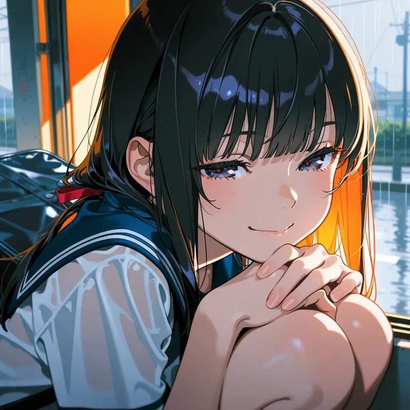 雨宿りしてたら目の前に猫が近づいてきたので微笑ましく見ている女の子