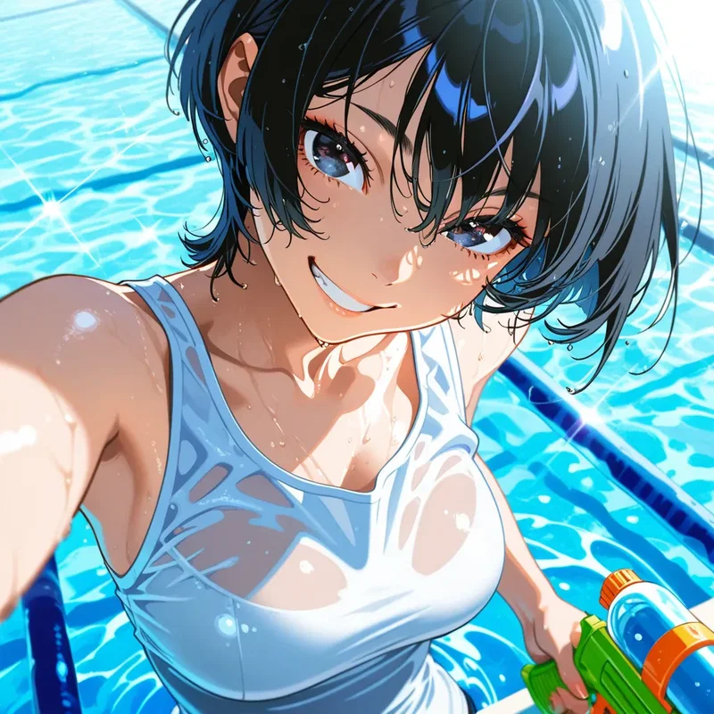 夏の庭のプールで、大きな水鉄砲持ってニカッといたずらっぽく笑う少女