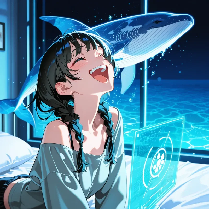 未来の部屋のベッドの上で、巨大な偽クジラのホログラムを出現させた少女