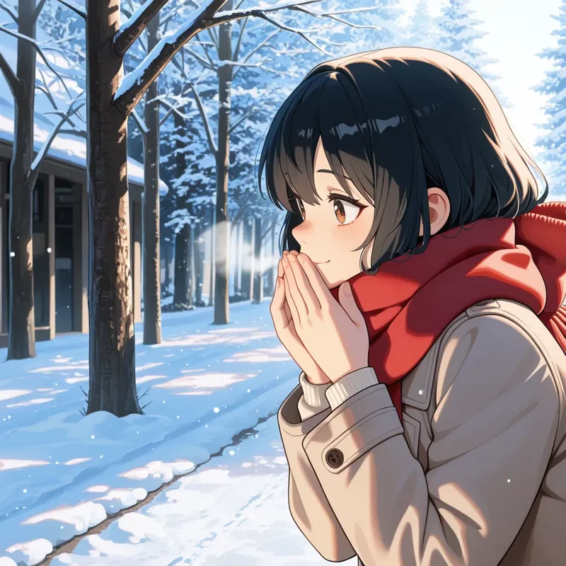 冬の日の並木道を歩く少女は落した手袋を見つけたようだ