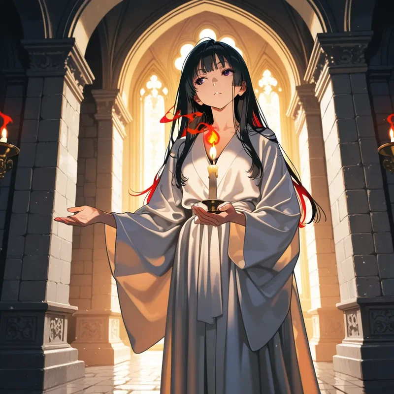暗い神殿の廊下で一本の燭台を持ち、行く手を静かに照らしながら歩く聖歌隊の少女。