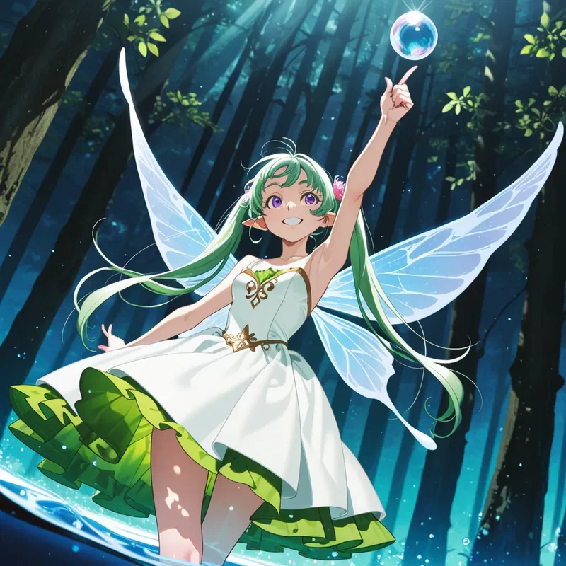 光輝く神秘的な森の中で、自らの人差し指の先端に完璧な球体の水滴を乗せている妖精の少女