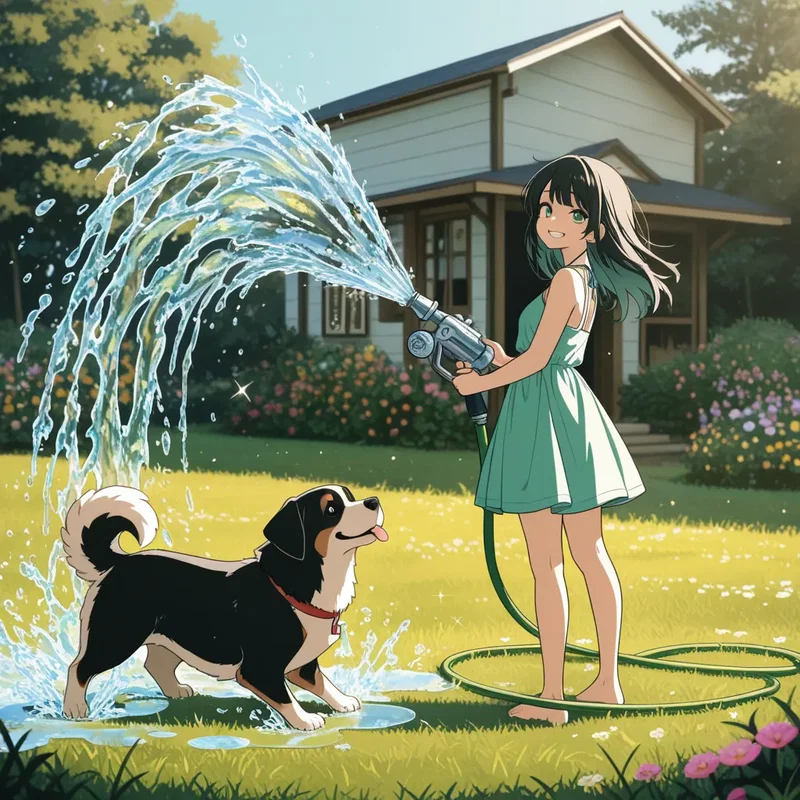 自宅の庭で飼い犬と一緒に水を撒く少女