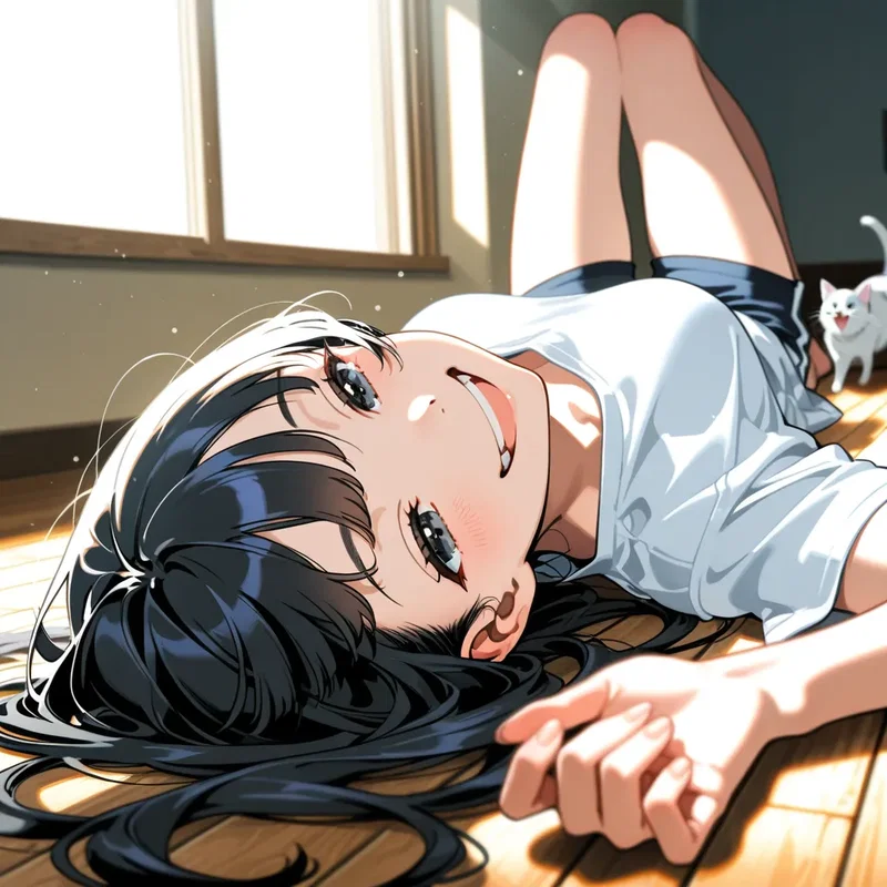 暖かそうな陽だまりのフローリングで仰向けに寝転がっている少女