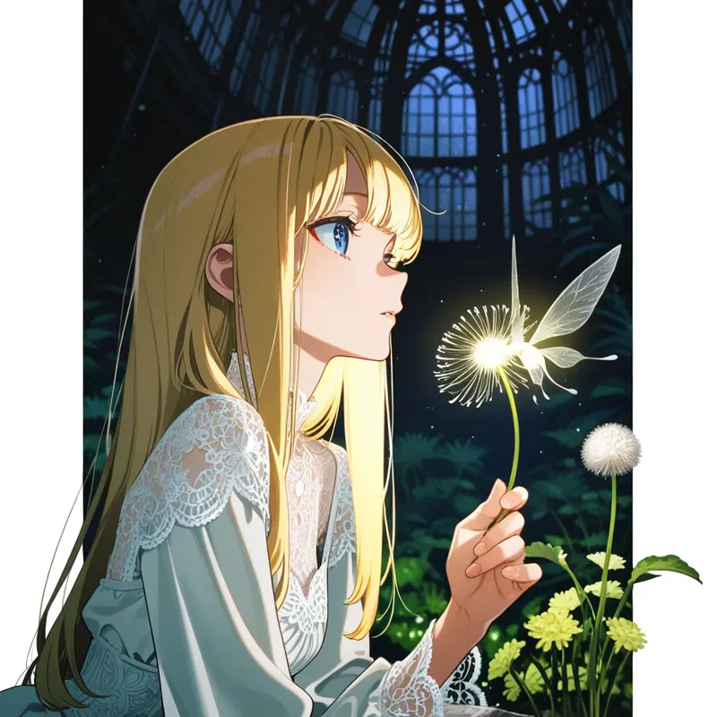 タンポポのような綿毛の付いた植物を持つ金髪の少女