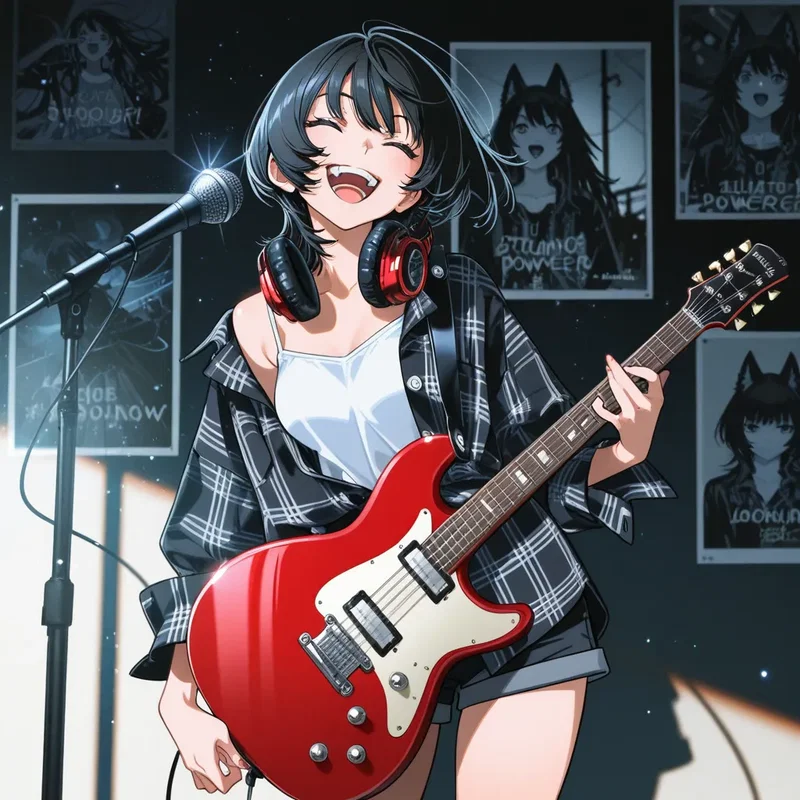 部屋で大好きな曲のサビでエレキギターをかき鳴らしながら、完全に自分の世界に入り込んで楽しそうに歌う女の子
