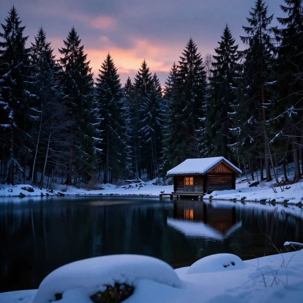 snowy forest lake hut panorama