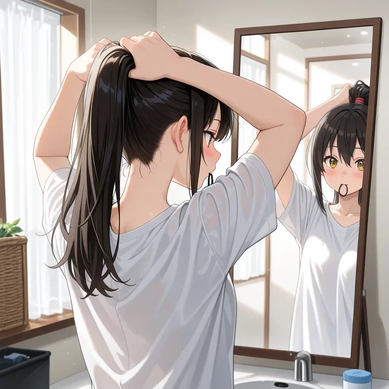 鏡を見ながら髪をまとめる女の子
