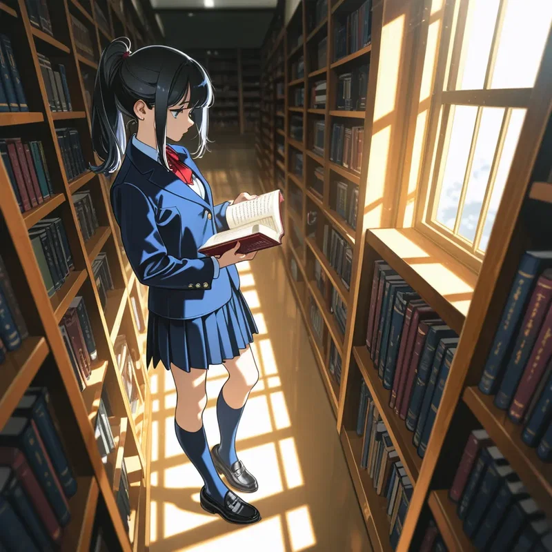 図書館の窓辺で本を読む少女