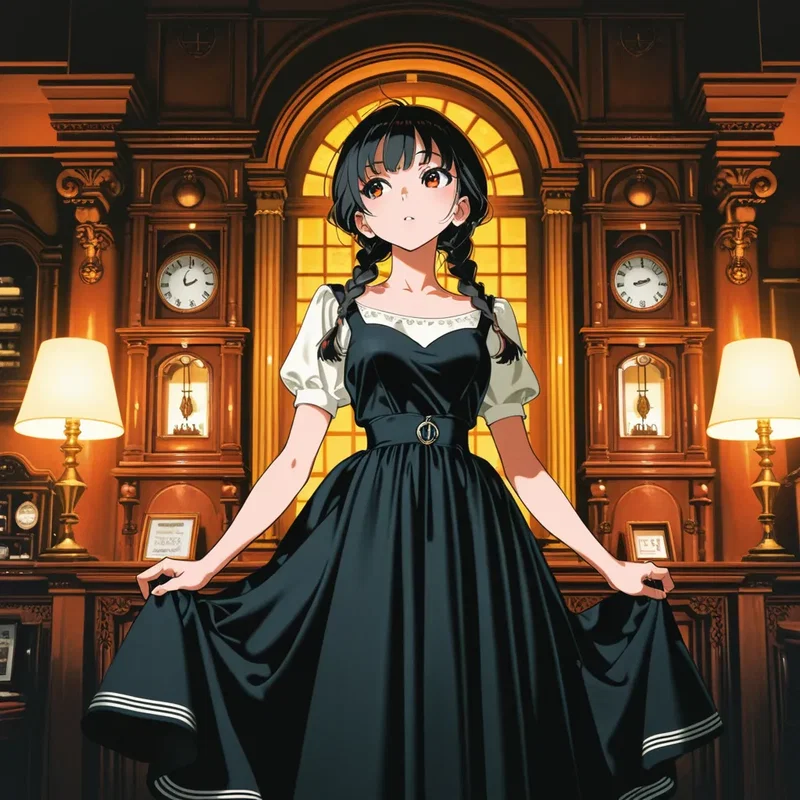レトロなアンティークショップに来て商品をあれこれ見て回る三つ編みの女の子２