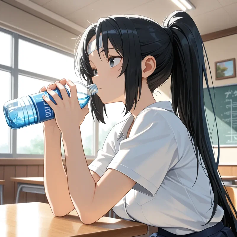 夏場の暑さを、オデコに冷えピタをして水分補給しているポニテの女の子
