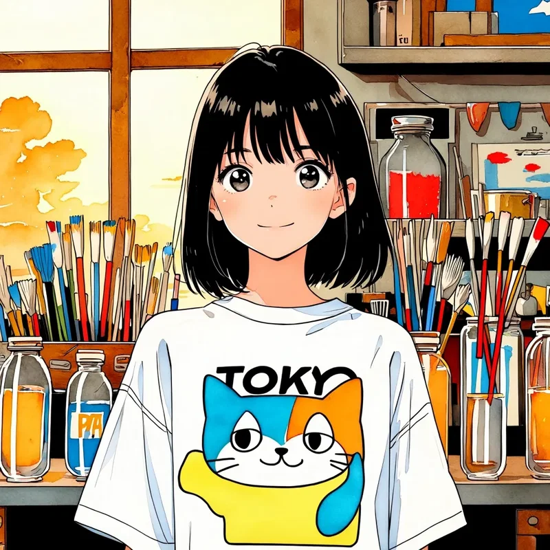 画材がたくさんある部屋のお絵描き大好き少女