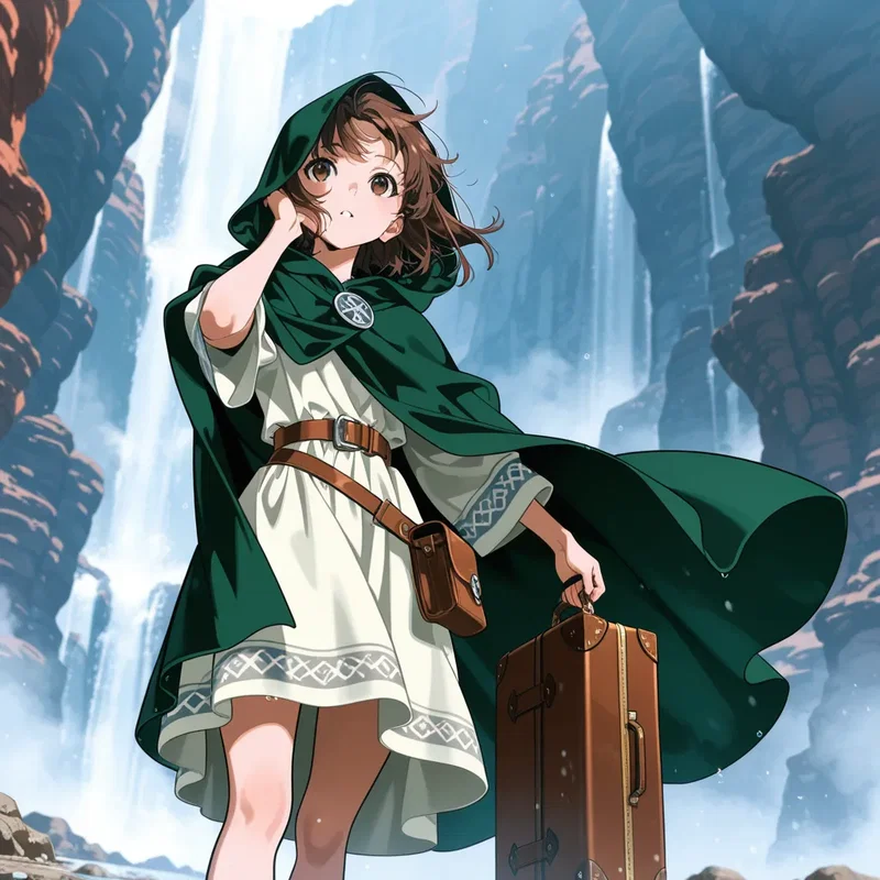 有名な大瀑布を見に来た旅人の女の子