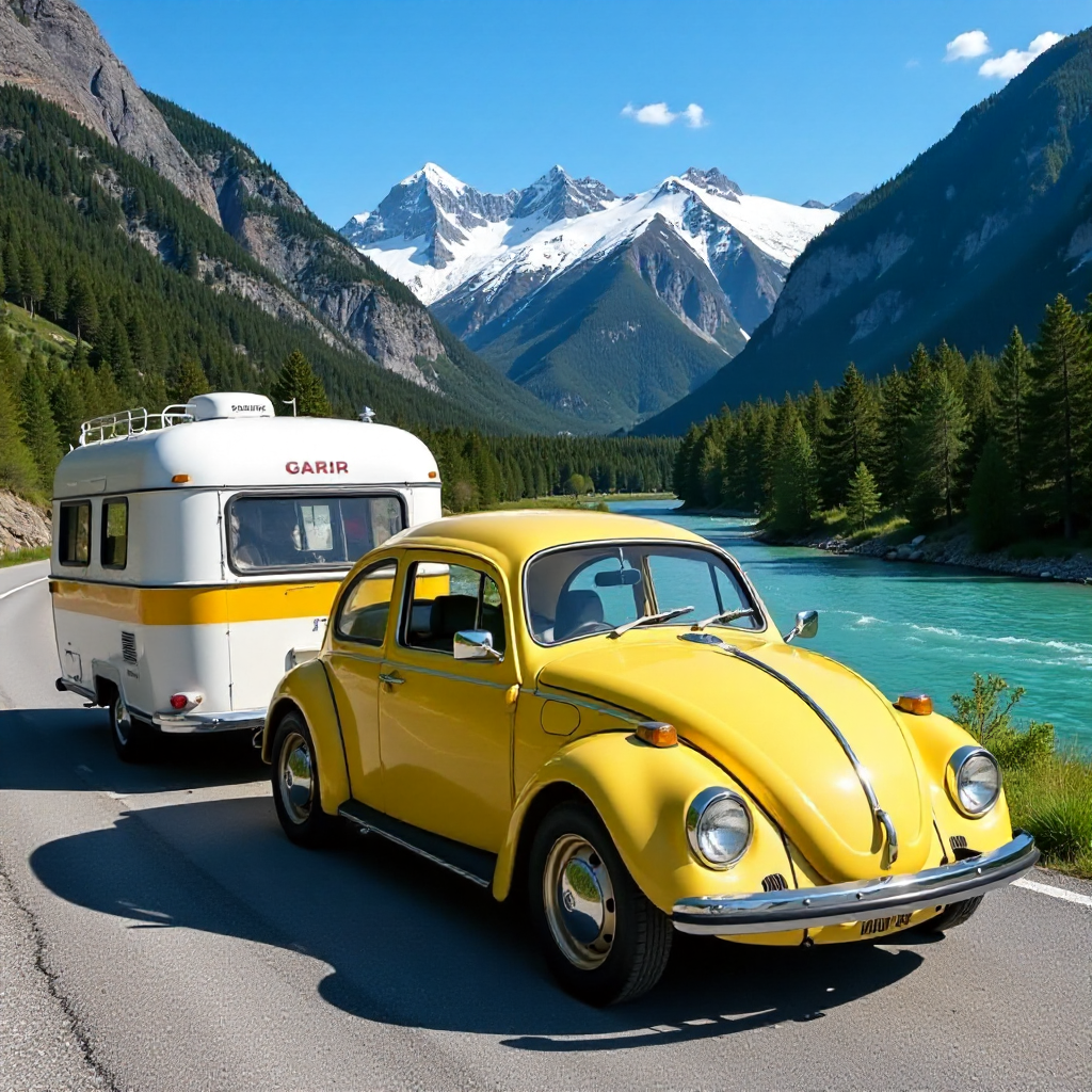 yellow volkswagen beetle towing vintage camper alpine highway