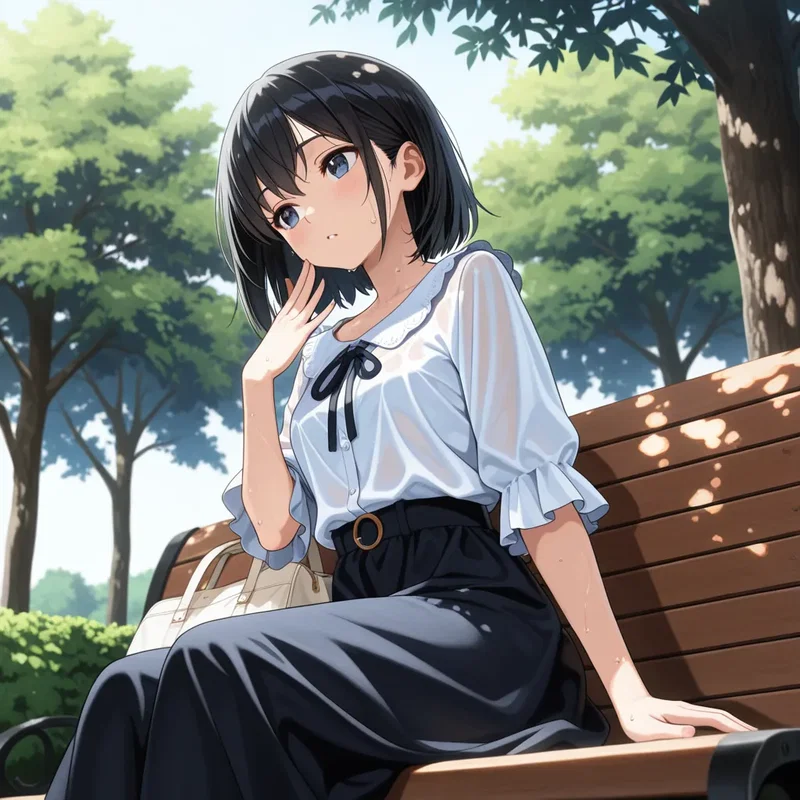 真夏の公園でベンチに座って待ち合わせ中の女の子だが暑すぎてヤバい