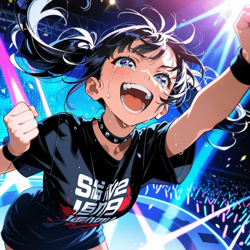 大好きなアーティストのライブ会場で、最前列で拳を突き上げながら、あまりの感動と興奮に大粒の涙を流しつつ、同時に「最高ー！」と大歓喜している女の子２