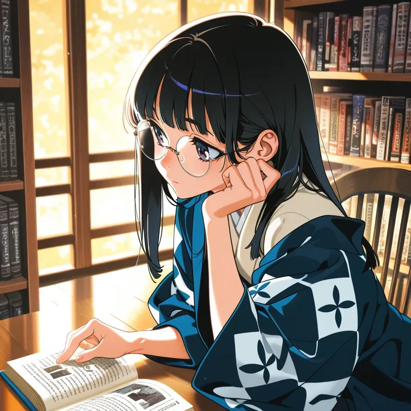 昭和の文豪のような姿で読書をする文学少女