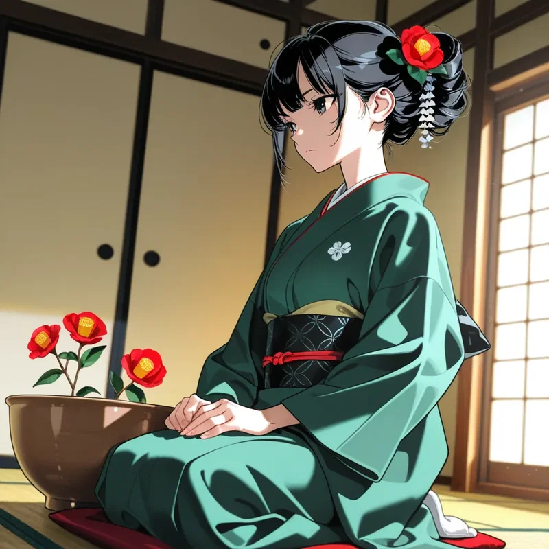 大きな器に牡丹の花を植えた作品を作った華道部の女の子