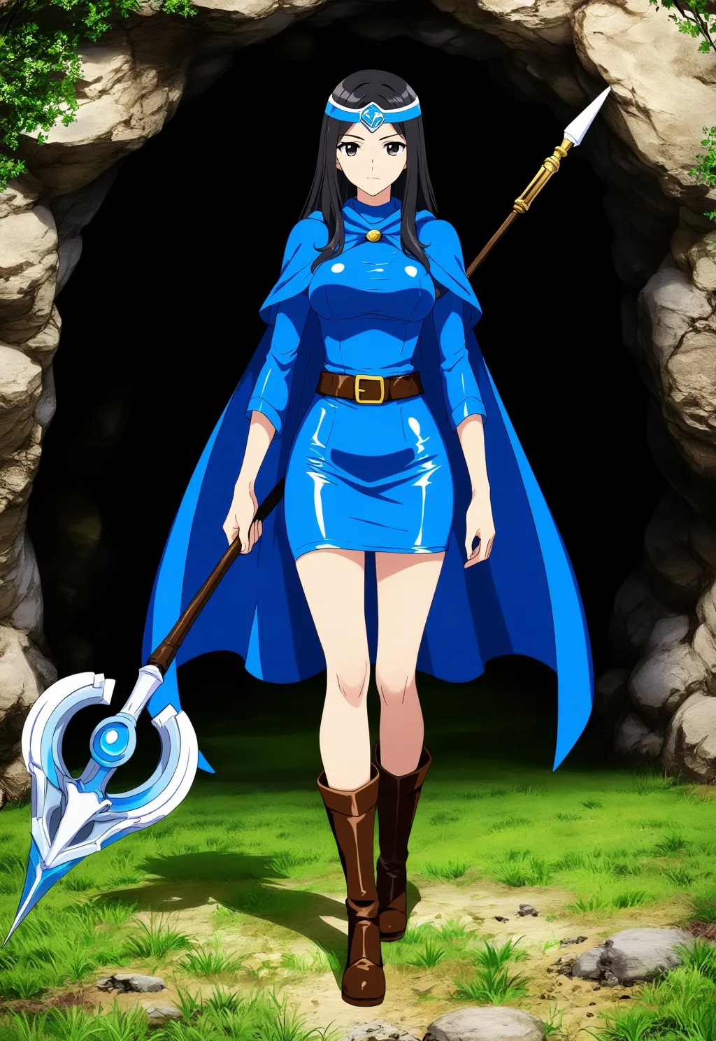 ロイヤルブルーのレザーミニドレスアニメ風聖女26.10.11-2-1