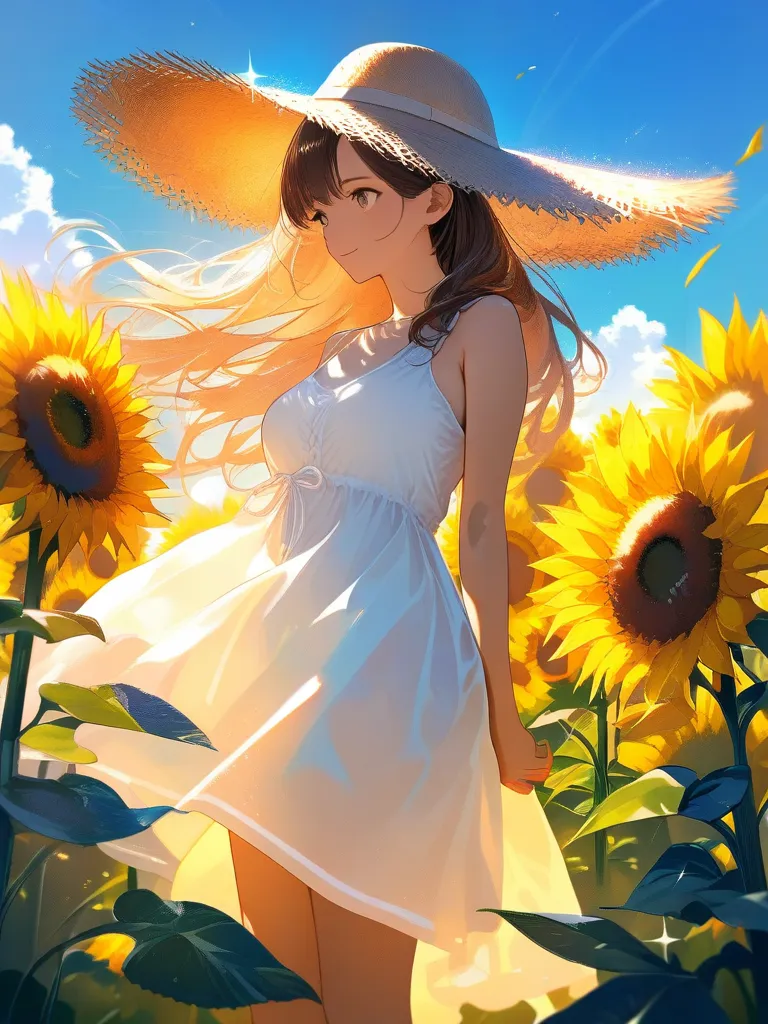 向日葵と麦わら帽女子