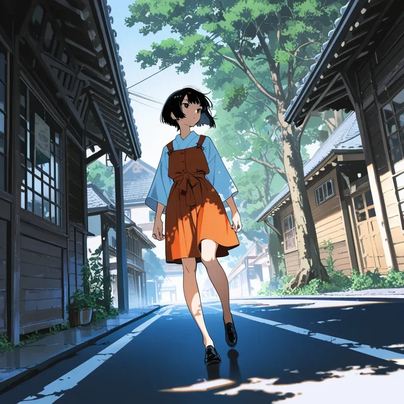 古い家屋が並ぶ知らない街を歩く赤いスカートの女の子