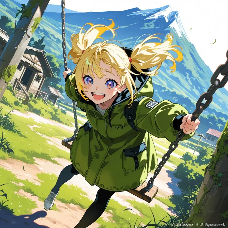 ポストアポカリプス世界で元気よくブランコで遊ぶ少女２