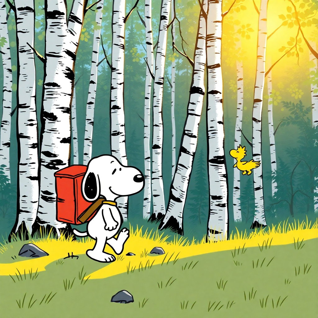 snoopy woodstock hiking sunlit birch forest